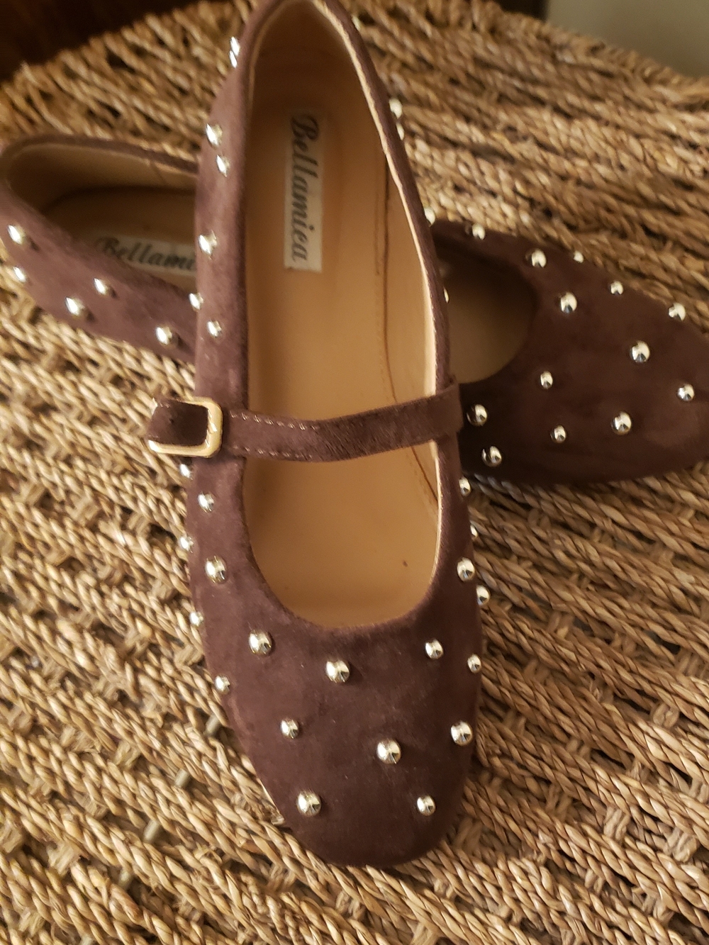 Bellamie Brown Suede Studded Mary Jane Flats